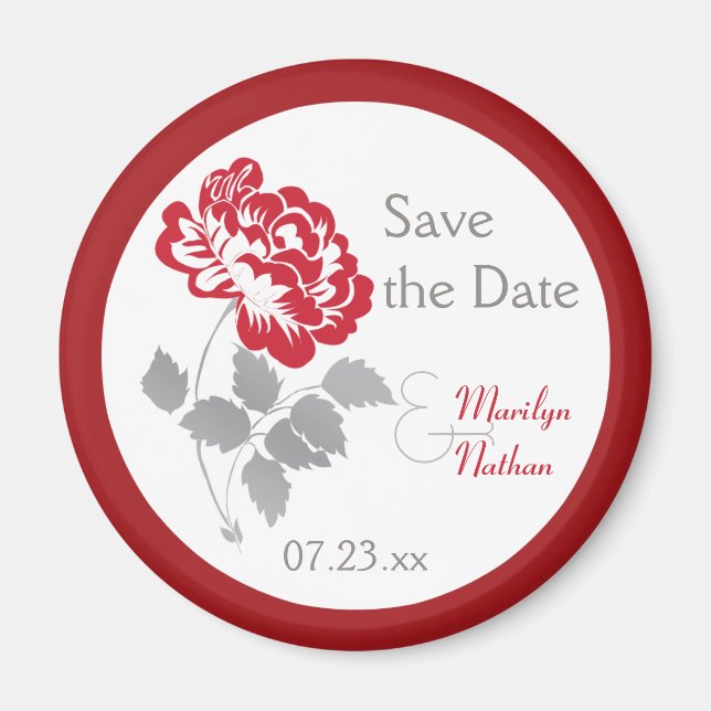 Red Peony on White Wedding Favour Magnet (Front)
