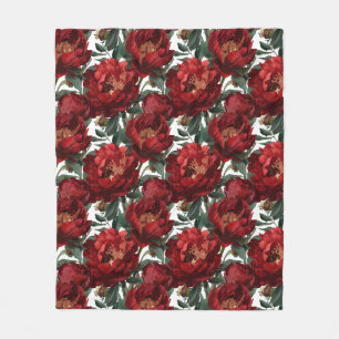 Red Peony Painterly Floral Fleece Blanket
