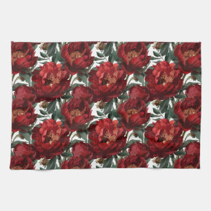 Red Peony Painterly Floral Tea Towel