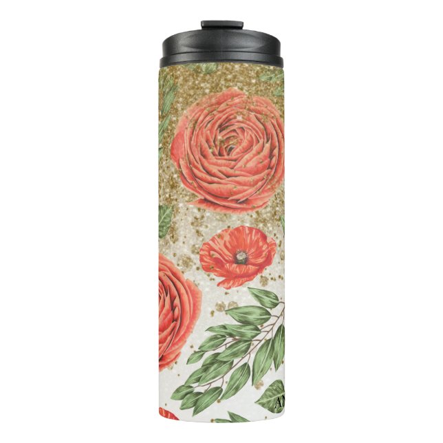 *~* Red PEONY POPPY Gold Glitter Floral Thermal Tumbler (Front)