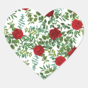 Red Peony & Rose Floral Wedding Heart Sticker