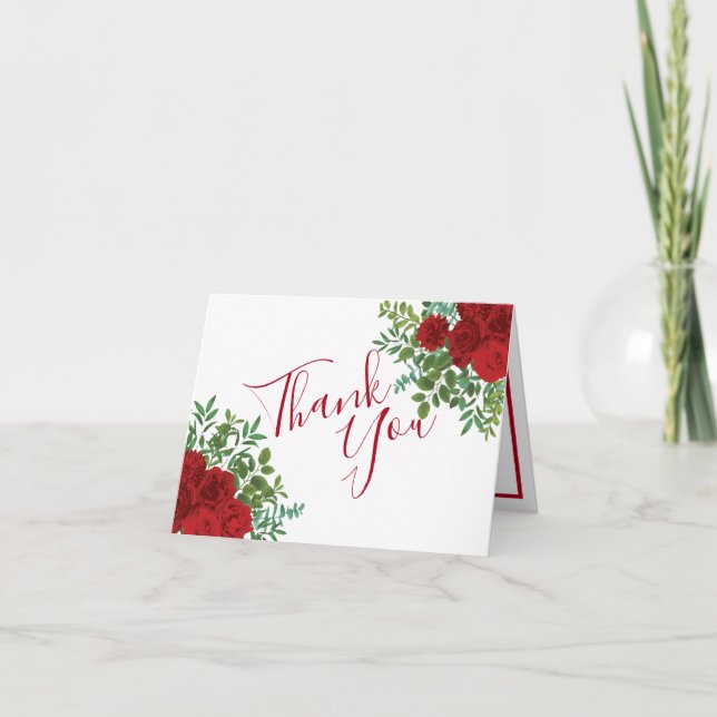 Red Peony & Rose Floral Wedding Thank You Card (Front)