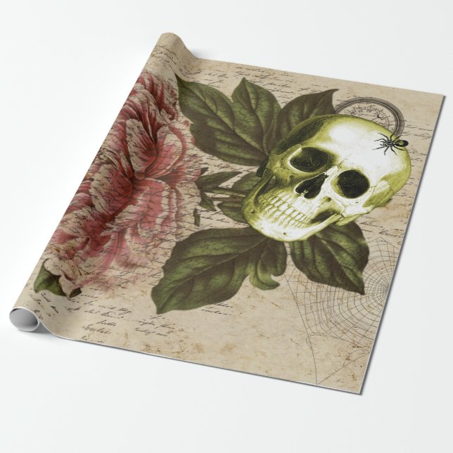 Red Peony Steampunk Skull Ephemera  Wrapping Paper (Unrolled)