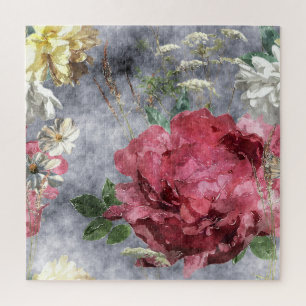Red Peony Watercolor Floral Pattern Jigsaw Puzzle