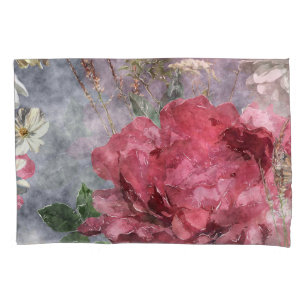 Red Peony Watercolor Floral Pattern Pillowcase