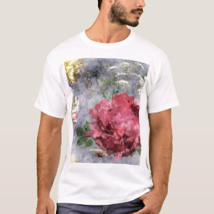 Red Peony Watercolor Floral Pattern T-Shirt