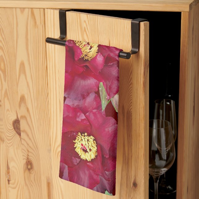 Red Peony with Foliage on Dark Red Background  Tea Towel (Thirds Fold)