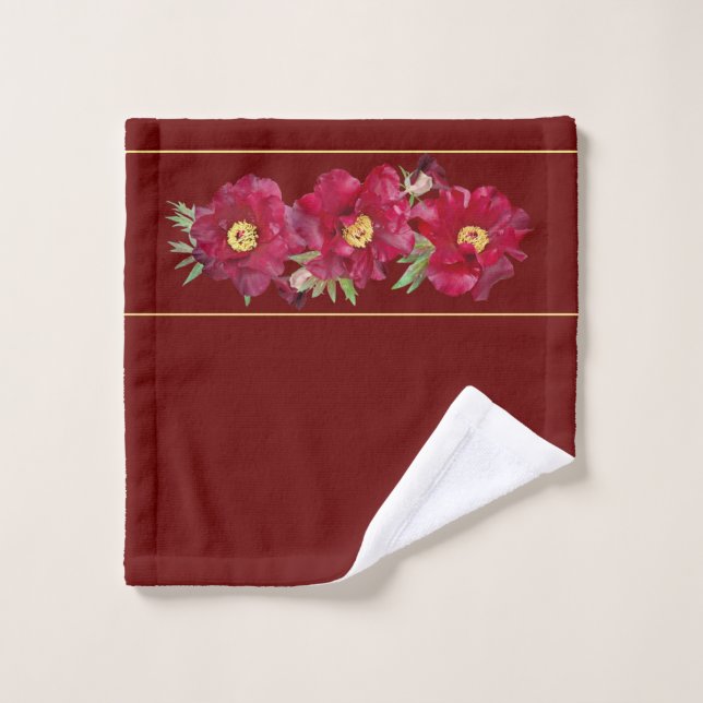 Red Peony with Foliage on Dark Red Background Wash Cloth (Wash Cloth)