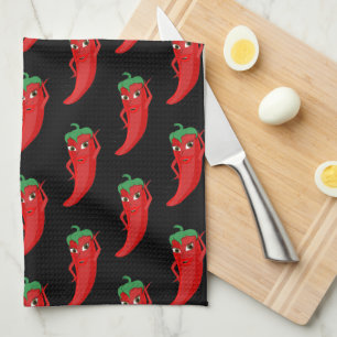 Red Pepper Diva Cartoon Pattern On Black Tea Towel