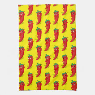 Red Pepper Diva Cartoon Pattern On Yellow Tea Towel