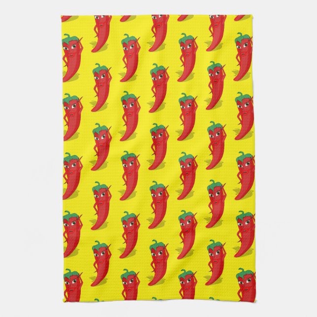 Red Pepper Diva Cartoon Pattern On Yellow Tea Towel (Vertical)