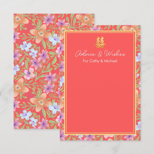 Red Peranakan floral double xi Chinese wedding  Advice Card (Front/Back)