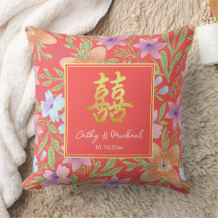 Red Peranakan floral double xi Chinese wedding  Cushion