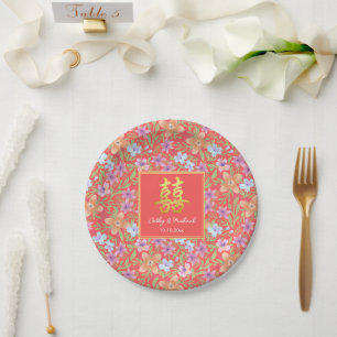 Red Peranakan floral double xi Chinese wedding Paper Plate