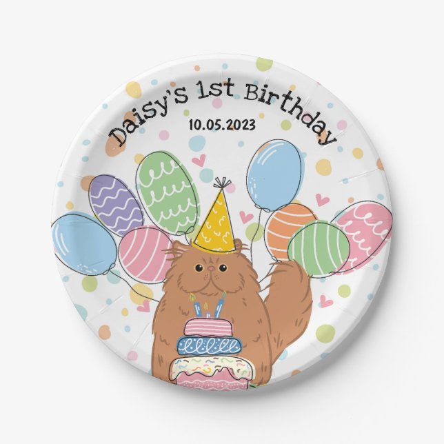 Red Persian Cat Birthday Party Paper Plates (Front)