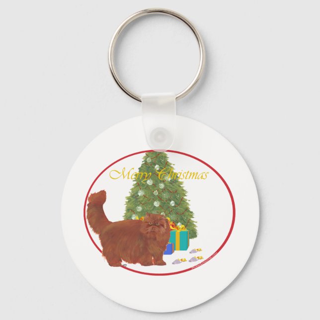 Red Persian Cat Merry Christmas Key Ring (Front)