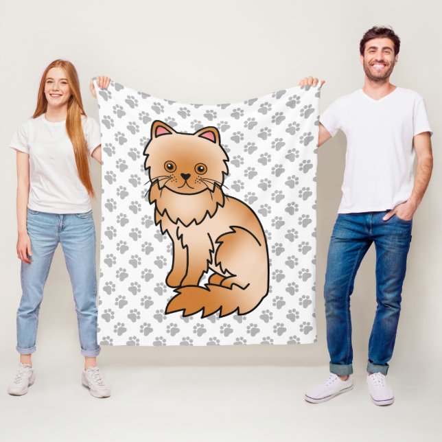 Red Persian Cute Cartoon Cat & Paws Fleece Blanket (In Situ)