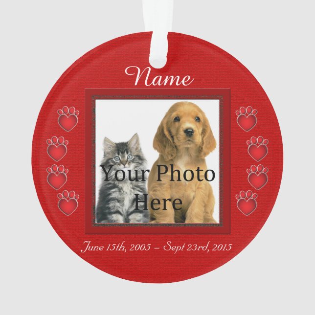 Red Personaized Heart Shaped Paw Prints Ornament (Back)