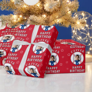 Red Personalised Baseball Ball Birthday Photo Wrapping Paper