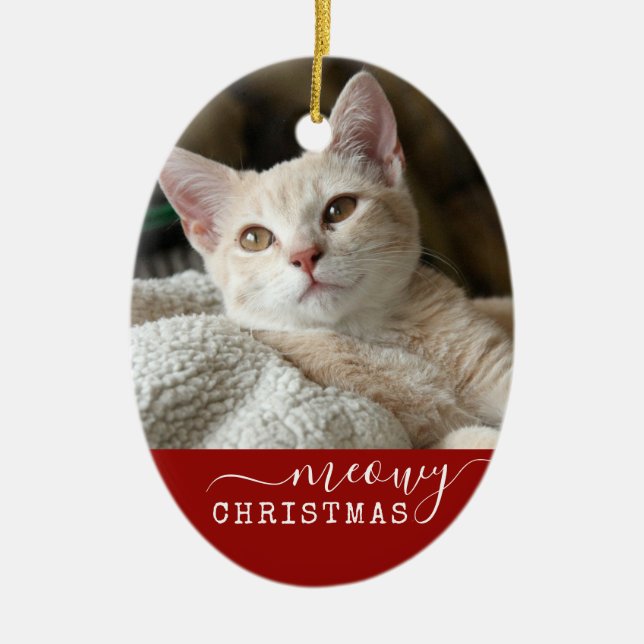 Red Personalised Cat Photo Meowy Christmas Oval Ceramic Ornament (Front)