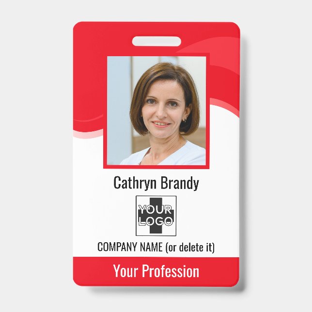 Red Personalised Employee, Photo, Bar Code & Logo ID Badge (Front)