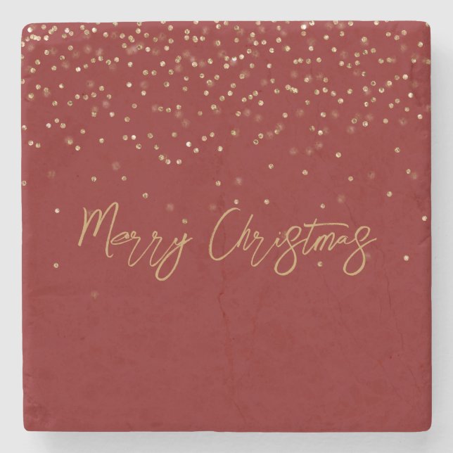 Red Personalised Gold Glitter Sparkle Dots Stone Coaster (Front)