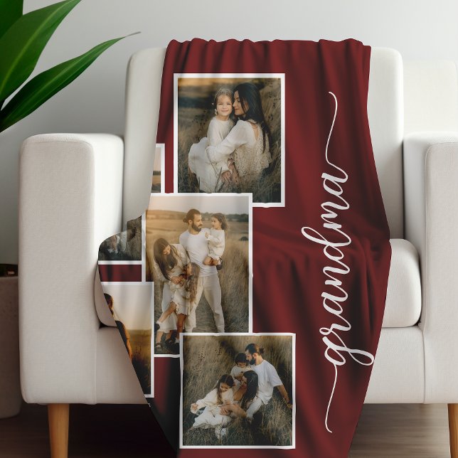 Red Personalised Grandma Grandkid 5 Photo Collage  Fleece Blanket (Creator Uploaded)