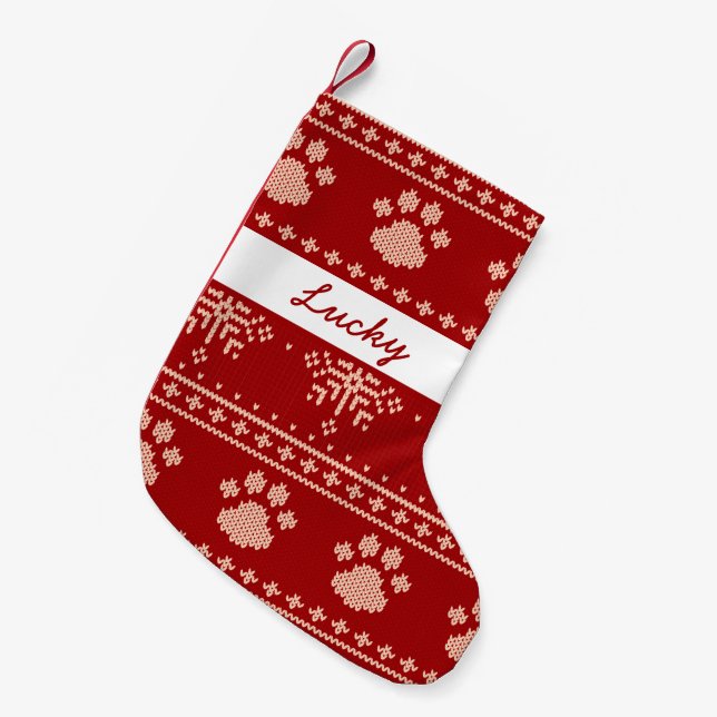 Red personalised Name Cat Paw Knitted Christmas Small Christmas Stocking (Front (Hanging))