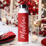 Red Personalised Name in Chic White Script Water Bottle<br><div class="desc">A cute red water bottle with white monogram for a girl or guy who loves simple,  handwritten gifts. Beautiful cursive script down the side of your bottle spelling out your name.</div>