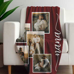 Red Personalised Nana Grandkid 5 Photo Collage  Fleece Blanket