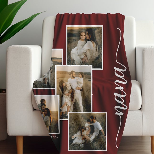 Red Personalised Nana Grandkid 5 Photo Collage  Fleece Blanket (Creator Uploaded)