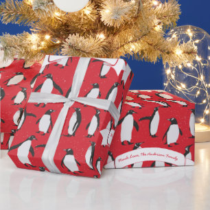 Red Personalised Penguin Pattern Wrapping Paper