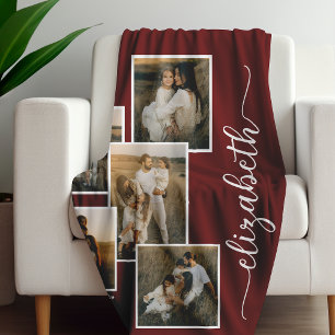 Red Personalised With Name 5 Photo Collage Fleece Blanket