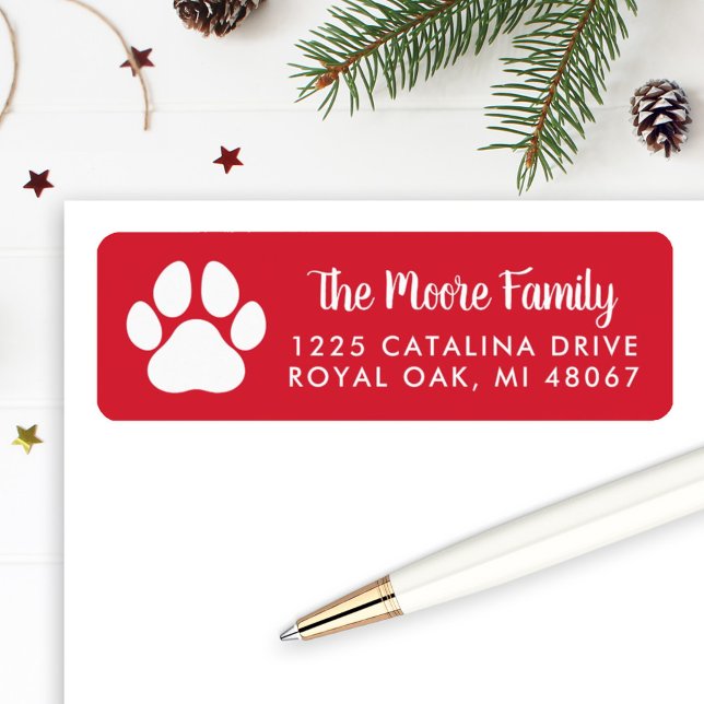 Red Pet Lover Paw Print Holiday Return Address Label (Creator Uploaded)