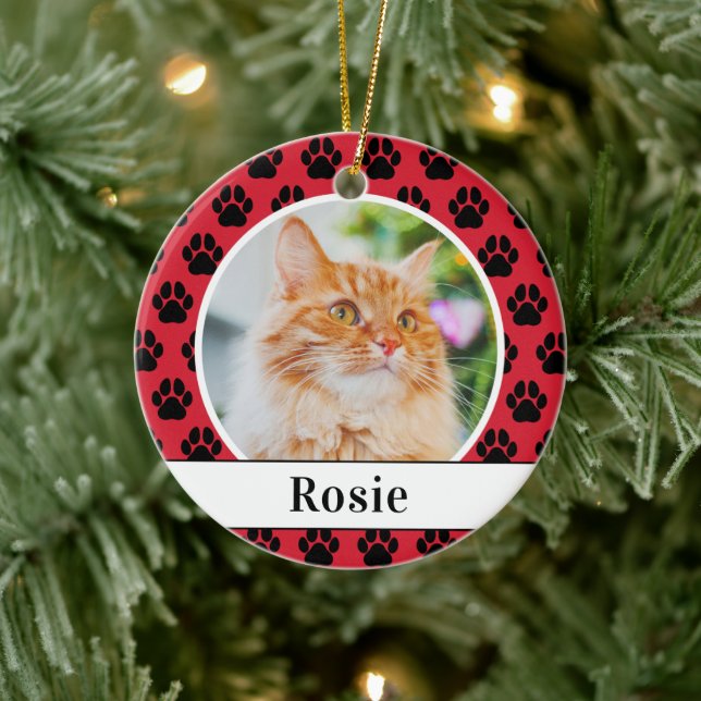 Red Pet Paw Prints Custom Cat Name Photo Ceramic Ornament (Tree)