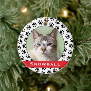 Red Pet Paw Prints Personalised Cat Name Photo Ceramic Ornament