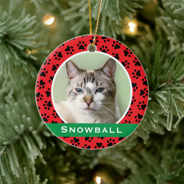 Red Pet Paw Prints Personalised Cat Name Photo Ceramic Tree Decoration