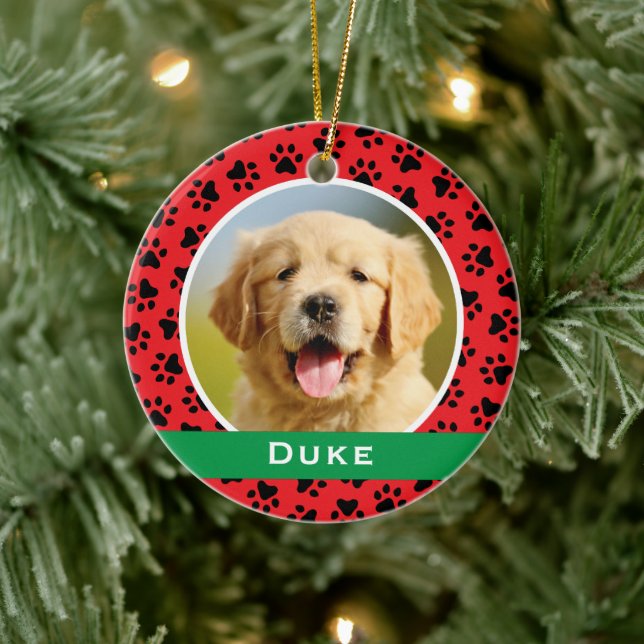 Red Pet Paw Prints Personalized Dog Name Photo Ceramic Ornament (Tree)