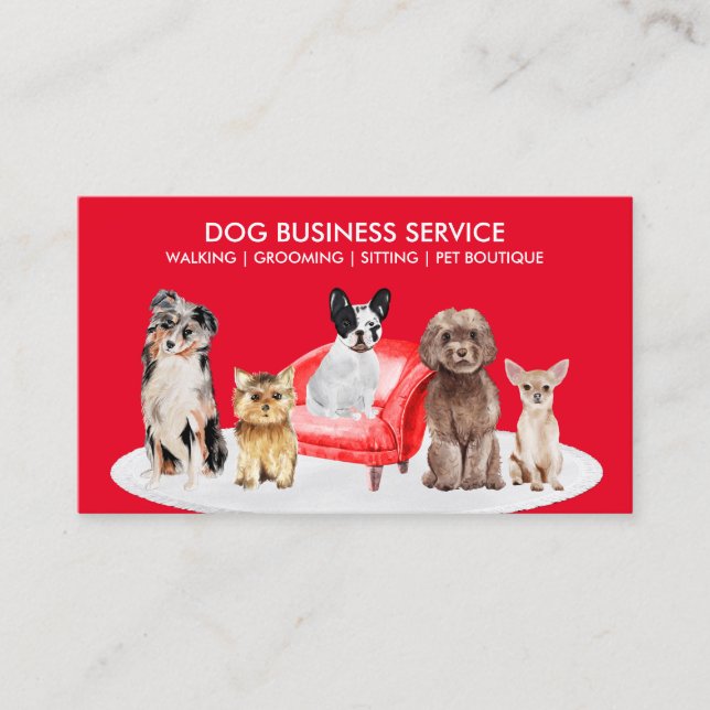 Red Pet Sitter Dogs Chair Home Hotel Business Card (Front)