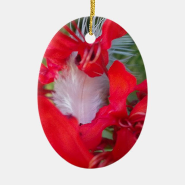 Red Petal Feather Art Print Ceramic Ornament (Front)