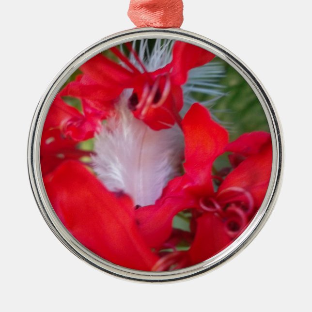 Red Petal Feather Art Print Metal Tree Decoration (Front)