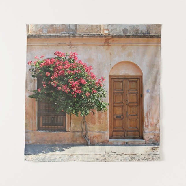 RED PETAL FLOWER ON CONCRETE WALL TAPESTRY (Front)