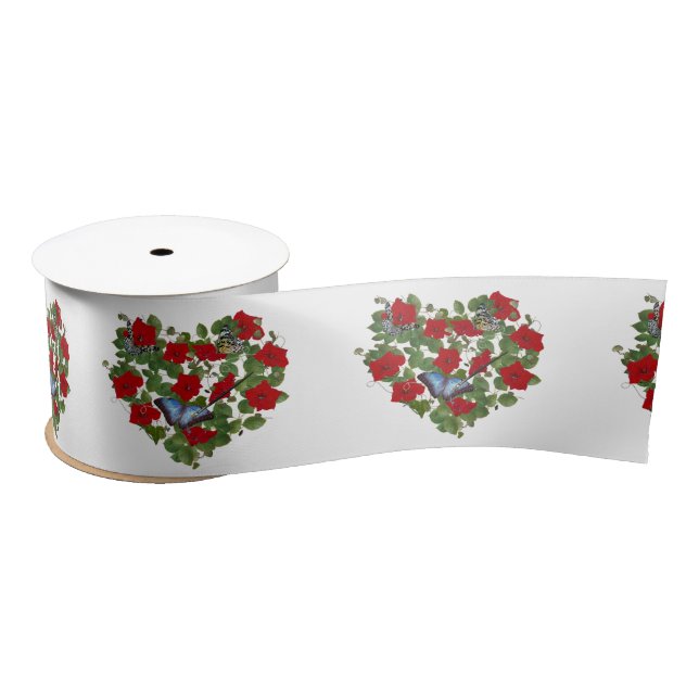 Red Petunia Heart With Blue Butterfly Satin Ribbon (Spool)