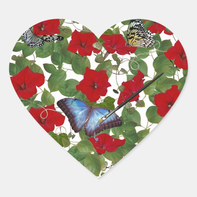 Red Petunia Heart With Paint Brush Heart Sticker (Front)