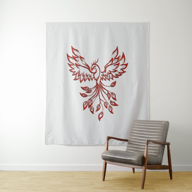 Red Phoenix Rises Silver Tapestry (In Situ)