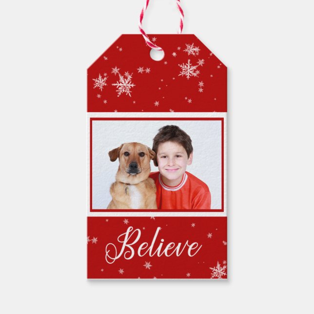 Red Photo Believe | White Snowflake tag (Front)