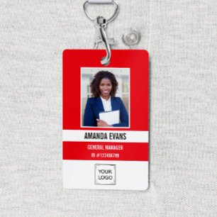 RED   Photo Employee Logo or QR CODE Security ID Badge
