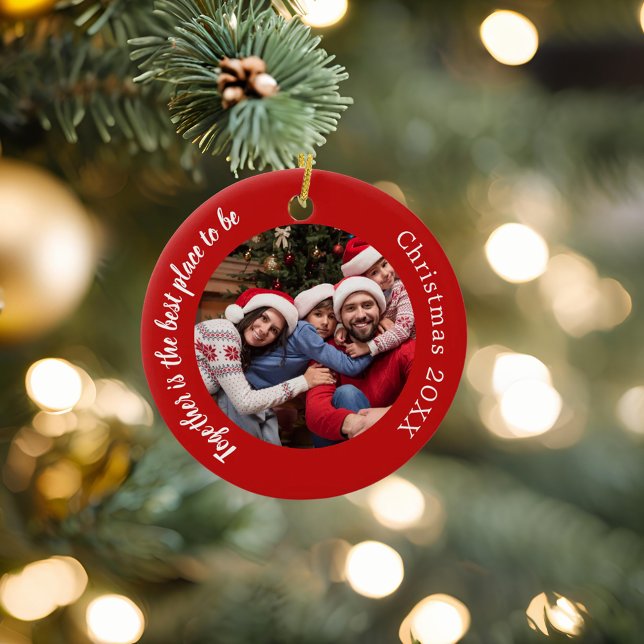 Red photo family together quote Christmas Ceramic Ornament (Creator Uploaded)