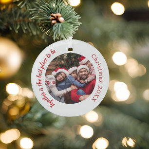 Red photo family together quote Christmas Glass Tree Decoration