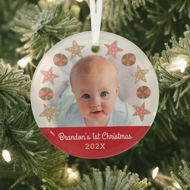 Red Photo First Christmas Baby Boy Cookie Wreath Glass Tree Decoration (Insitu)